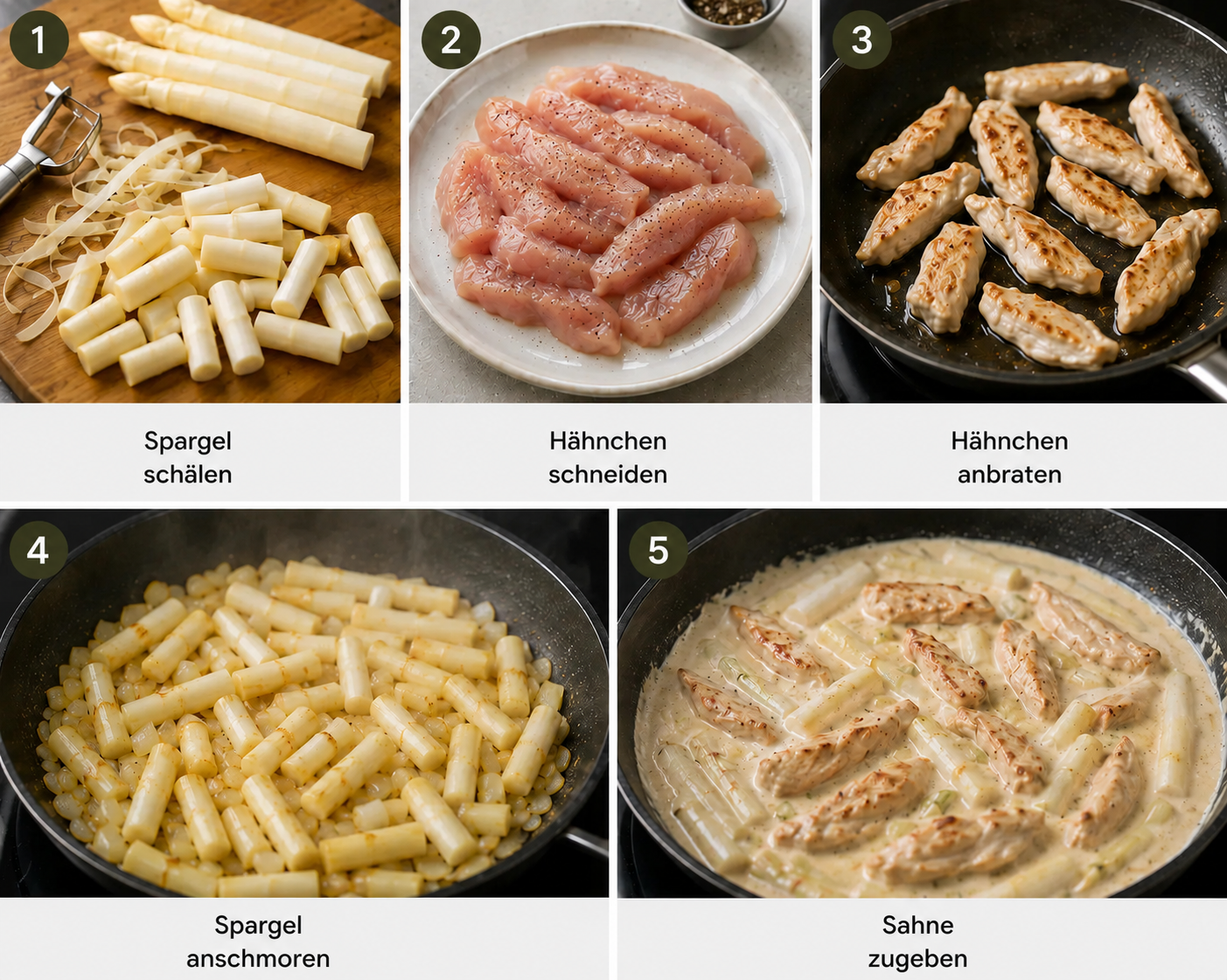 Cremige Spargelpfanne mit goldbraun angebratenem Hähnchen und zartem weißem Spargel – einfach Schritt für Schritt zubereitet.