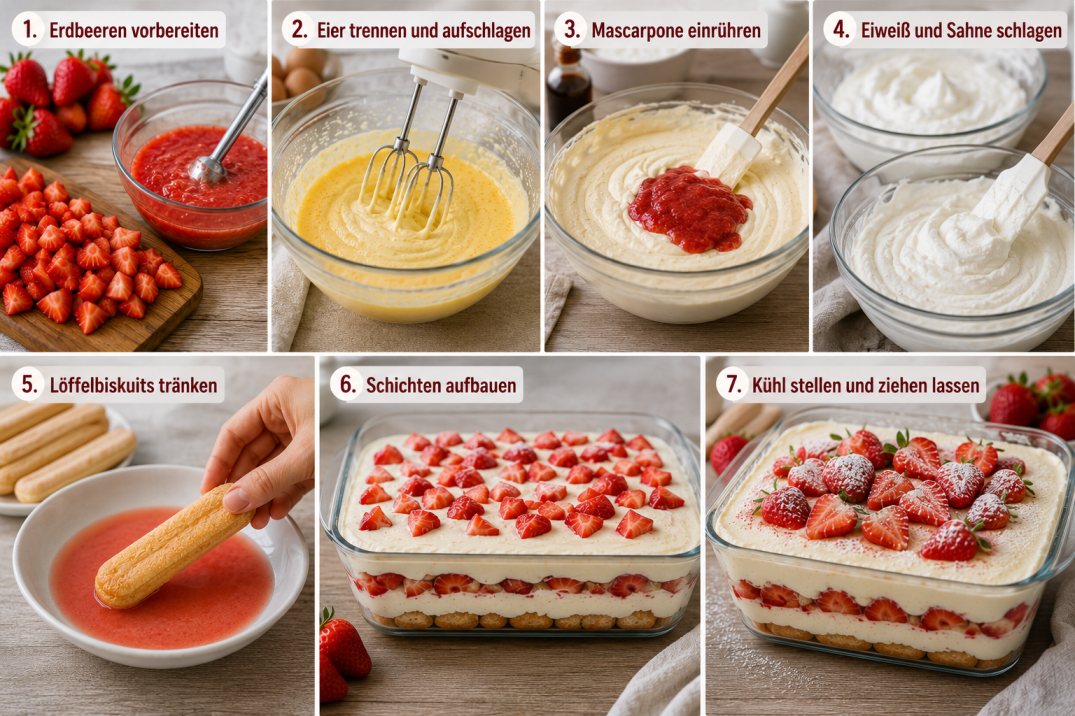 Schritt-für-Schritt Anleitung für ein cremiges Erdbeer-Tiramisu mit Mascarpone, frischen Erdbeeren und Löffelbiskuits – von der Vorbereitung bis zum fertigen Dessert.