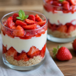 Cremiges Erdbeer-Dessert im Glas mit knusprigem Keksboden, frischer Quarkcreme und saftigen Erdbeerstücken. Garniert mit frischer Minze und auf einem Holztisch serviert.