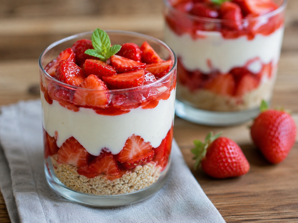 Cremiges Erdbeer-Dessert im Glas mit knusprigem Keksboden, frischer Quarkcreme und saftigen Erdbeerstücken. Garniert mit frischer Minze und auf einem Holztisch serviert.