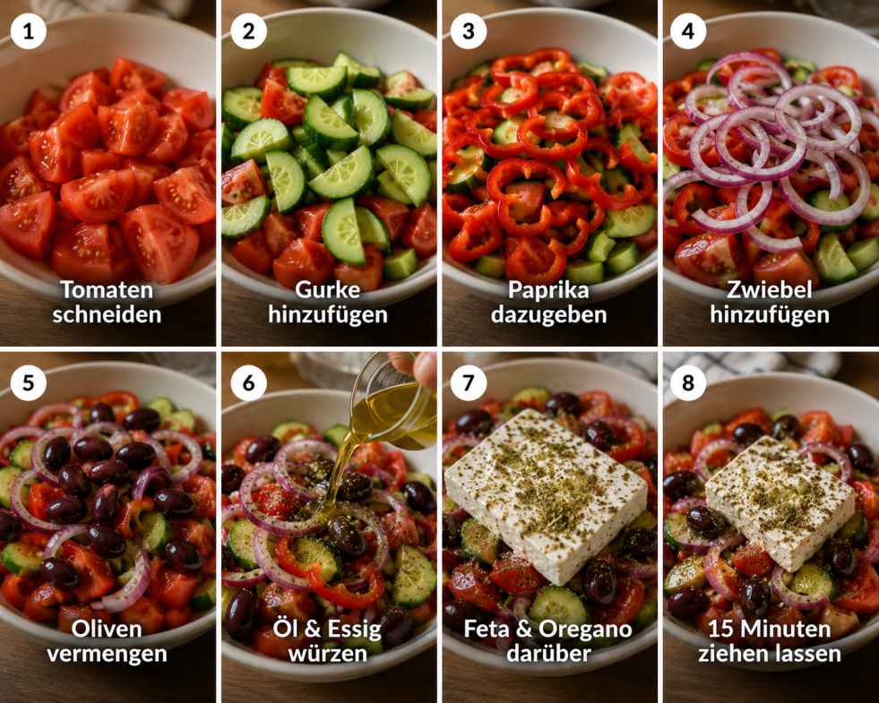 Schritt-für-Schritt-Anleitung zur Zubereitung eines griechischen Salats: Tomaten schneiden, Gurke, Paprika, rote Zwiebel und Oliven hinzufügen, mit Olivenöl und Essig würzen, Feta und Oregano darübergeben und den Salat 15 Minuten ziehen lassen.