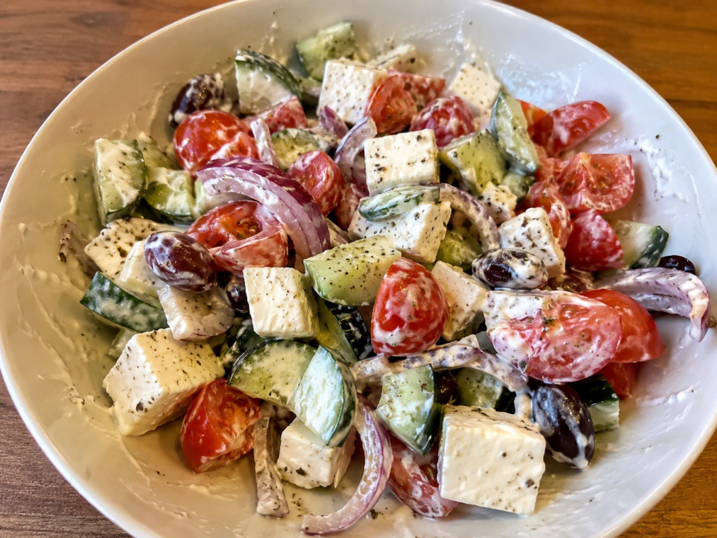 Griechischer Salat mit Feta, Gurken, Cherrytomaten, roten Zwiebeln und Kalamata-Oliven in einem cremigen Dressing, serviert in einer weißen Schüssel.