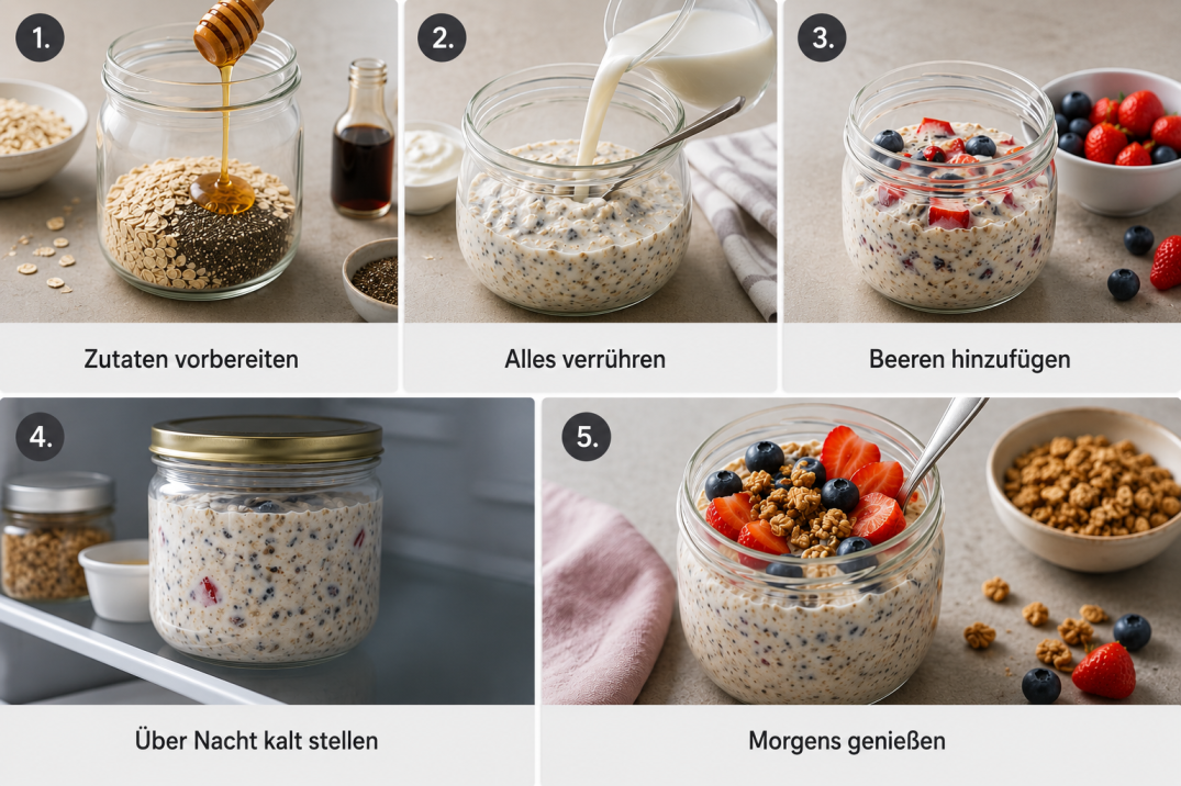 Schritt-für-Schritt Anleitung für ein cremiges Overnight-Oats-mit-Beeren – von der Vorbereitung bis zum fertigen Frühstuck.
