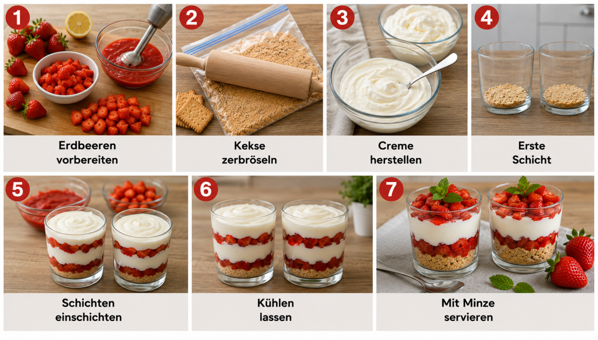 Schritt-für-Schritt-Anleitung für ein cremiges Erdbeer-Dessert im Glas. Die Bildcollage zeigt sieben nummerierte Schritte – von der Vorbereitung der Erdbeeren über das Zerbröseln der Kekse und das Schichten der Zutaten bis zum Kühlen und Servieren mit frischer Minze.