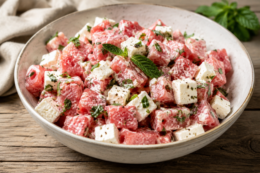 Cremiger Wassermelonen-Feta-Salat mit frischer Minze in einer Schüssel, garniert mit Kräutern und einem leichten Dressing.