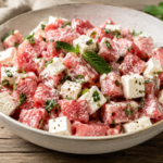 Cremiger Wassermelonen-Feta-Salat mit frischer Minze in einer Schüssel, garniert mit Kräutern und einem leichten Dressing.