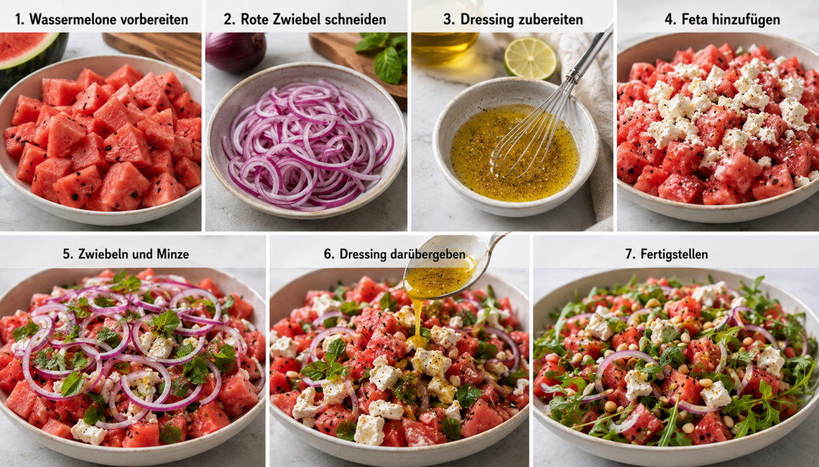 Schritt-für-Schritt-Anleitung zur Zubereitung eines Wassermelonen-Feta-Salats mit sieben Bildern – vom Schneiden der Zutaten bis zum servierfertigen Salat.