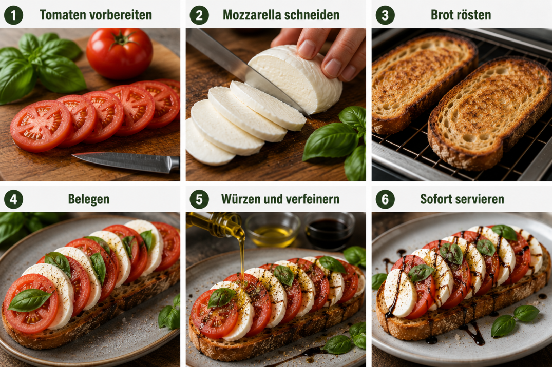 Sechsteilige Schritt-für-Schritt-Anleitung für ein Tomaten-Mozzarella-Brot: Tomaten schneiden, Mozzarella schneiden, Brot rösten, mit Tomaten, Mozzarella und Basilikum belegen, würzen und mit Olivenöl sowie Balsamico verfeinern und anschließend servieren.
