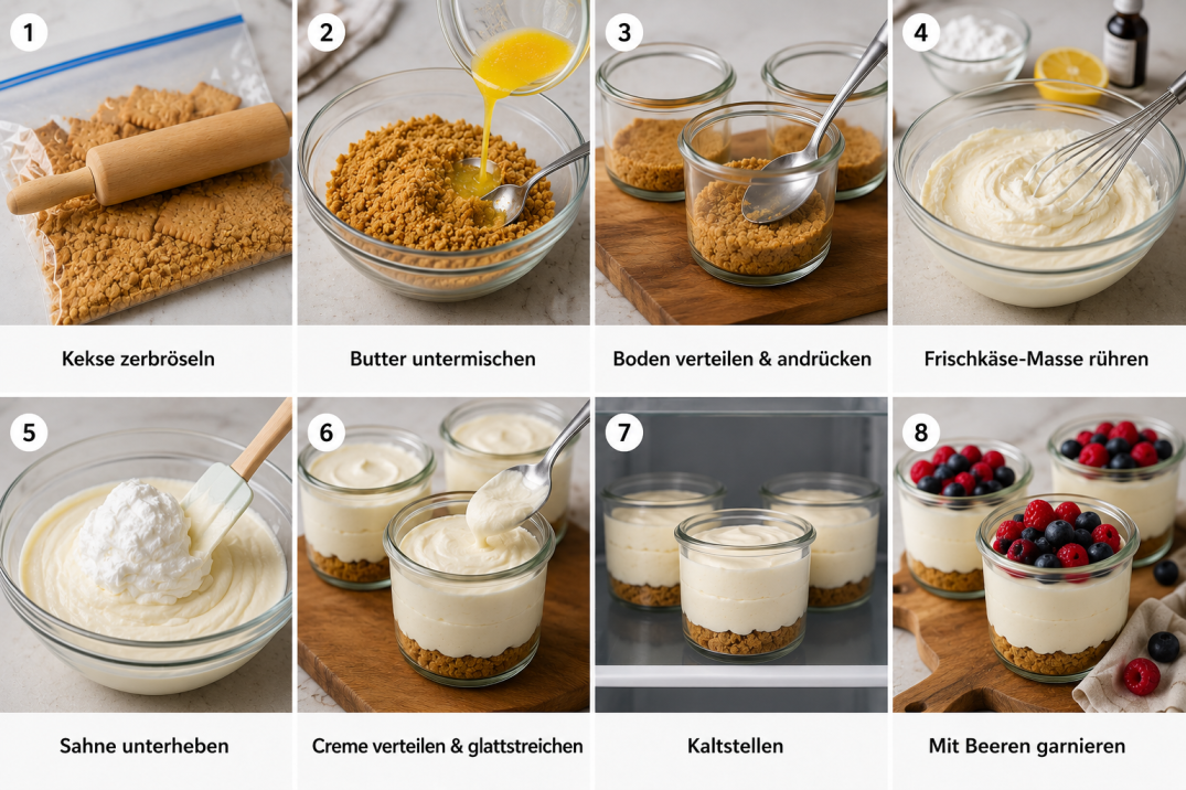 Schritt-für-Schritt-Anleitung zur Zubereitung von No-Bake-Cheesecake im Glas mit acht Bildern: Kekse zerbröseln, Butter untermischen, Keksboden in Gläser füllen, Frischkäsecreme anrühren, Sahne unterheben, Creme einfüllen, kaltstellen und mit frischen Beeren garnieren.