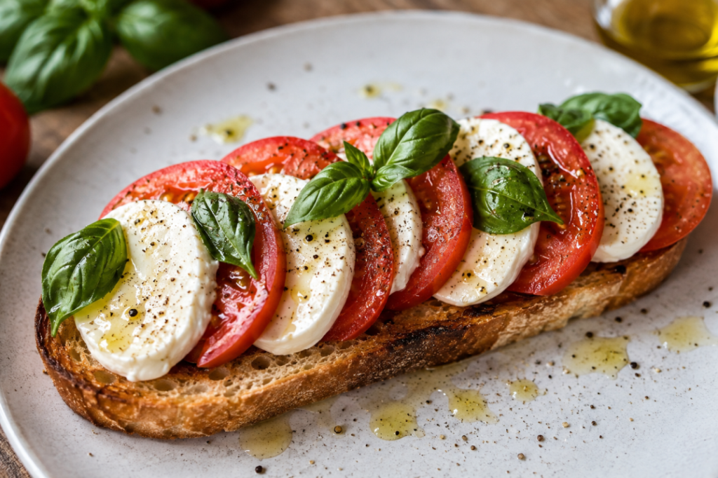 Geröstetes Sauerteigbrot mit frischen Tomaten-Mozzarella und Basilikum, verfeinert mit Olivenöl und schwarzem Pfeffer.