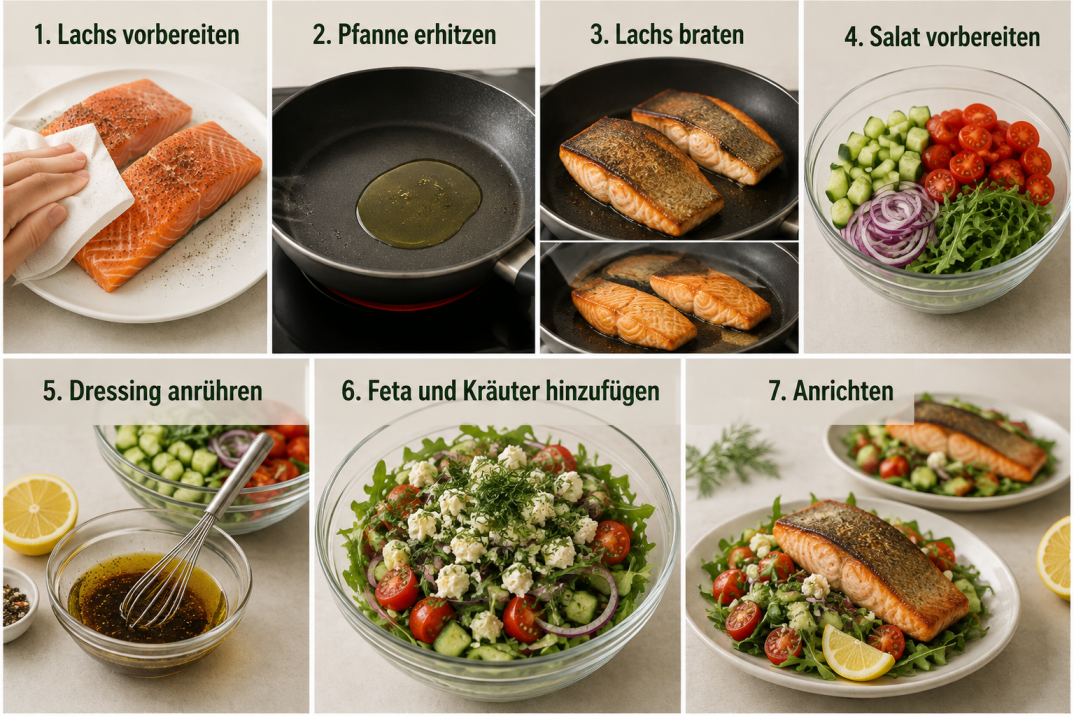 Schritt-für-Schritt-Zubereitung von Lachs mit Sommersalat: Lachs vorbereiten, Pfanne erhitzen, Lachs braten, Salat zubereiten, Dressing anrühren, Feta und Kräuter hinzufügen und anschließend anrichten.