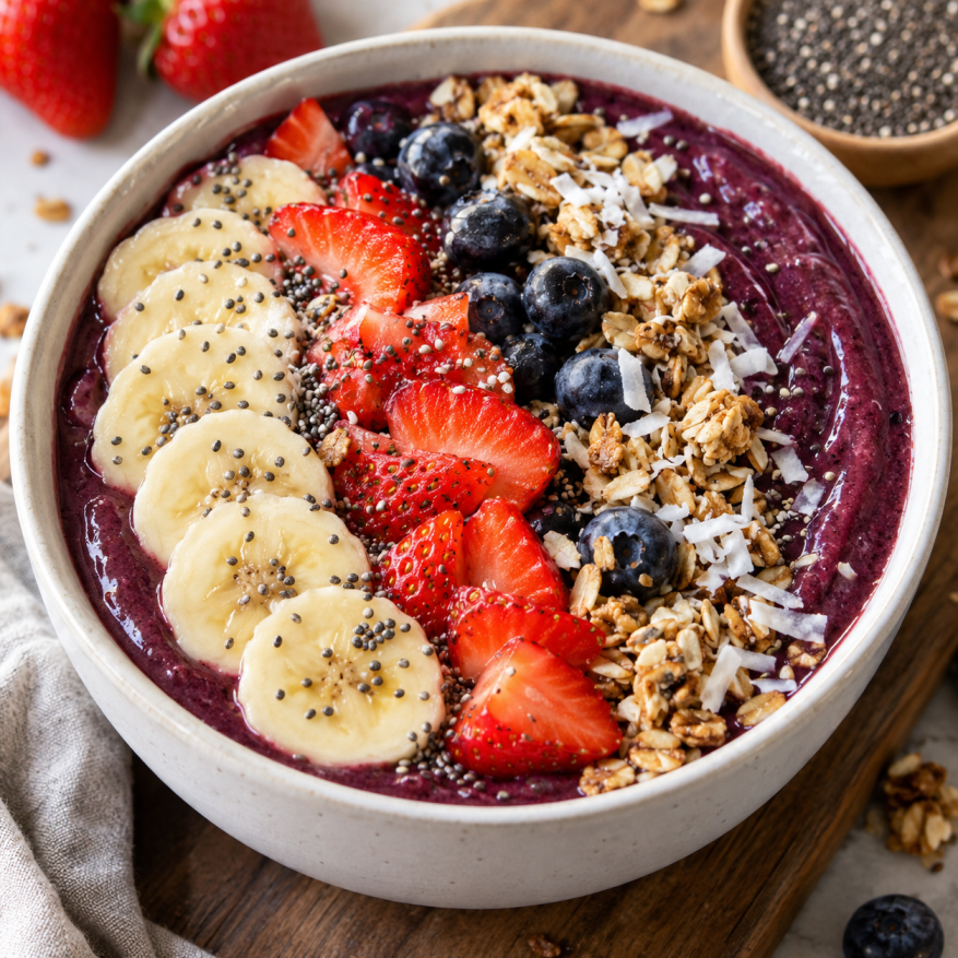 Cremige, selbstgemachte Açaí-Bowl mit frischen Bananenscheiben, Erdbeeren, Blaubeeren, knusprigem Granola, Kokosraspeln und Chiasamen.